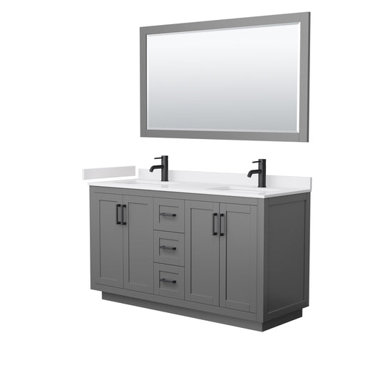 Miranda 60" Double Vanity in Dark Gray, White Marble Top, Black Trim, 58" Mirror