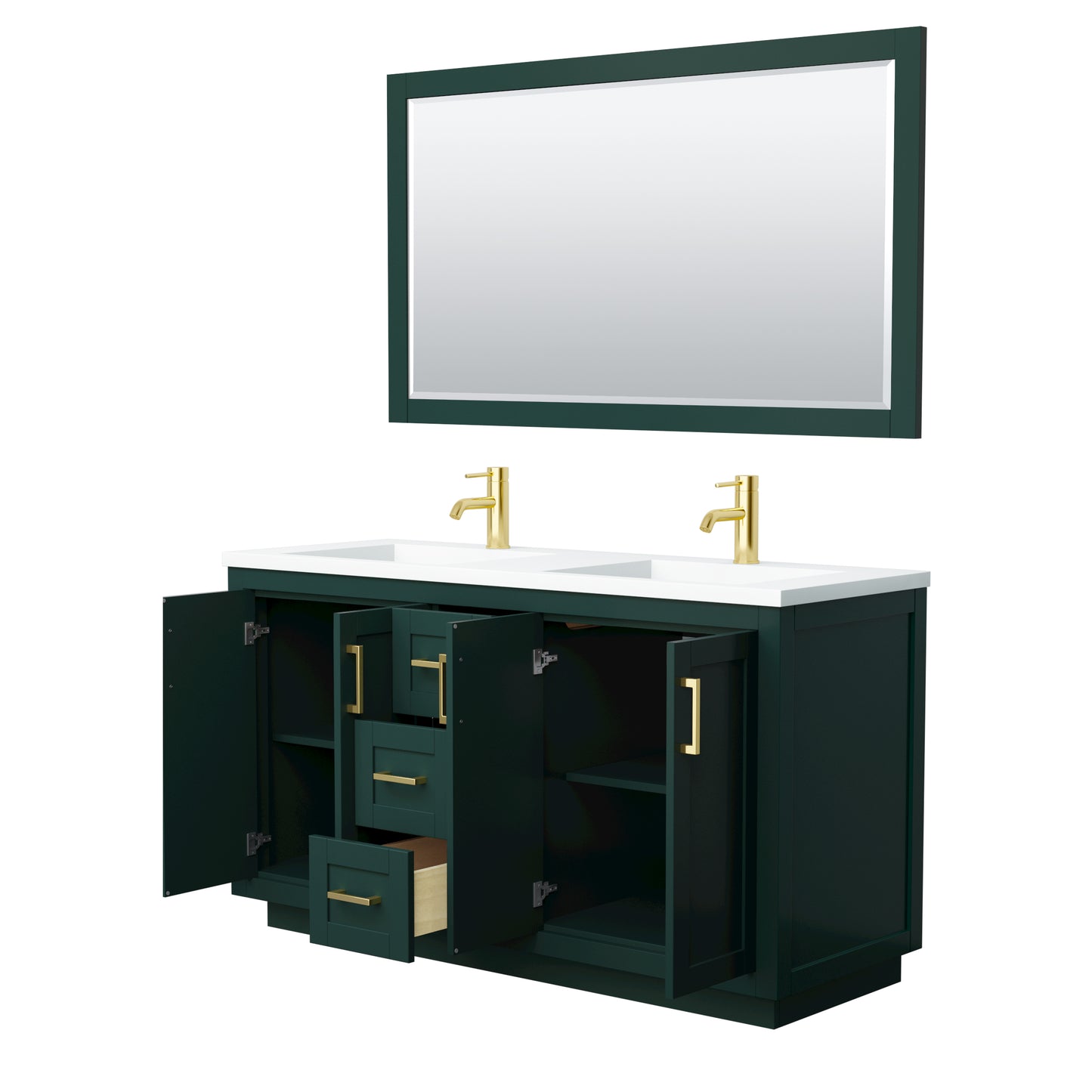 Miranda 60" Double Vanity in Green, 1.25" White Top,  Gold Trim, 58" Mirror