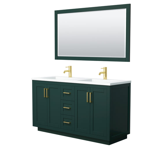Miranda 60" Double Vanity in Green, 1.25" White Top,  Gold Trim, 58" Mirror