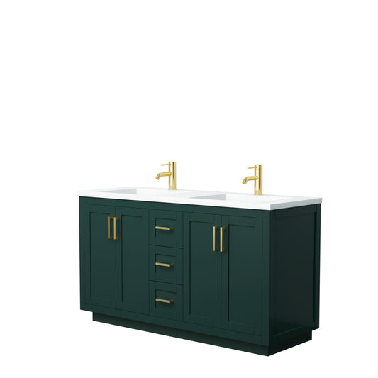 Miranda 60" Double Vanity in Green, 1.25" White Top, Integrated Gold Trim