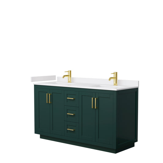 Miranda 60" Double Vanity in Green, White Cultured Marble Top, Gold Trim