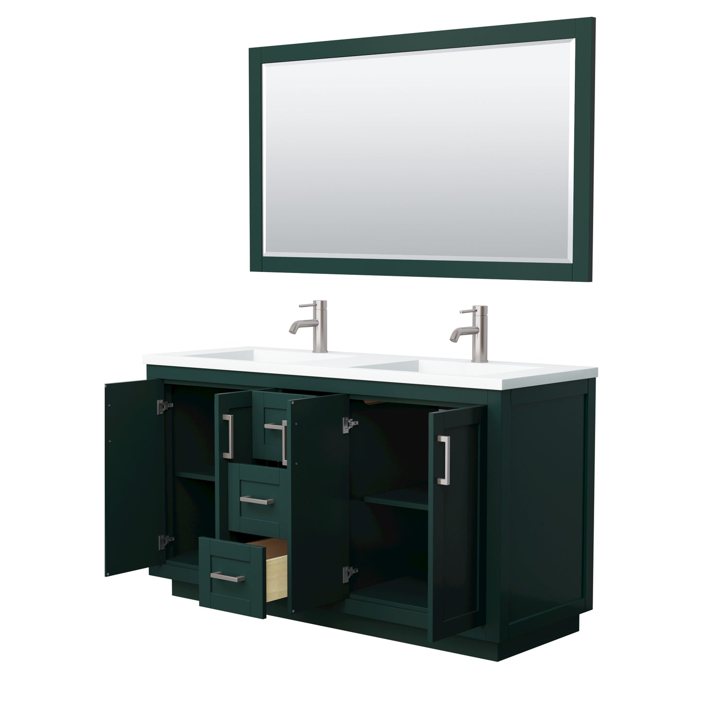 Miranda 60" Double Vanity in Green, 1.25" White Top,  Nickel Trim, 58" Mirror
