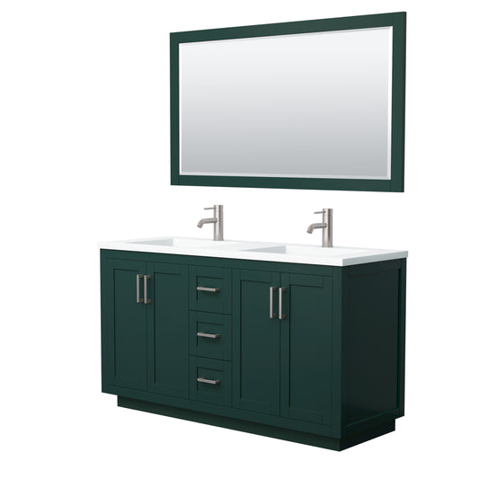 Miranda 60" Double Vanity in Green, 1.25" White Top,  Nickel Trim, 58" Mirror