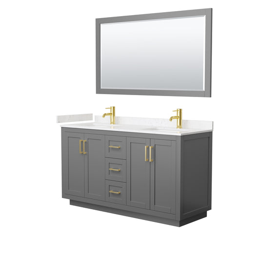 Miranda 60" Dark Gray Double Vanity, Carrara Marble Top, Gold Trim, 58" Mirror