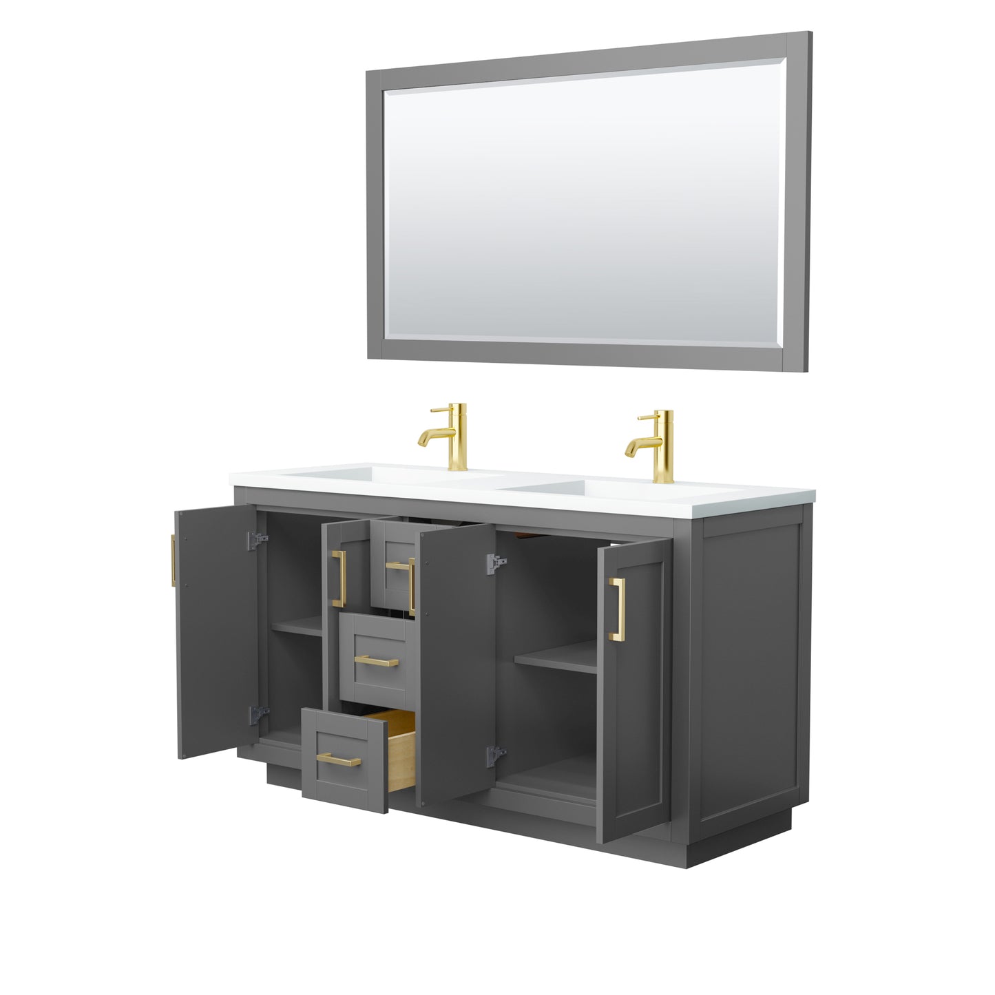 Miranda 60" Dark Gray Double Vanity, 1.25" White Top,  Gold Trim, 58" Mirror