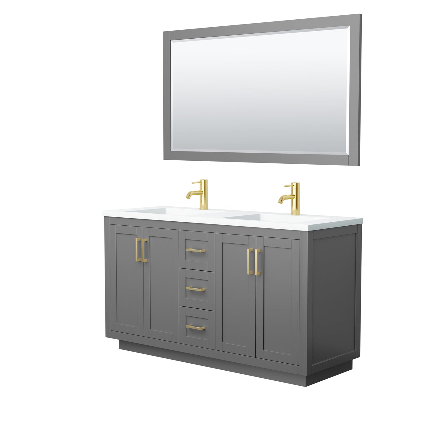 Miranda 60" Dark Gray Double Vanity, 1.25" White Top,  Gold Trim, 58" Mirror