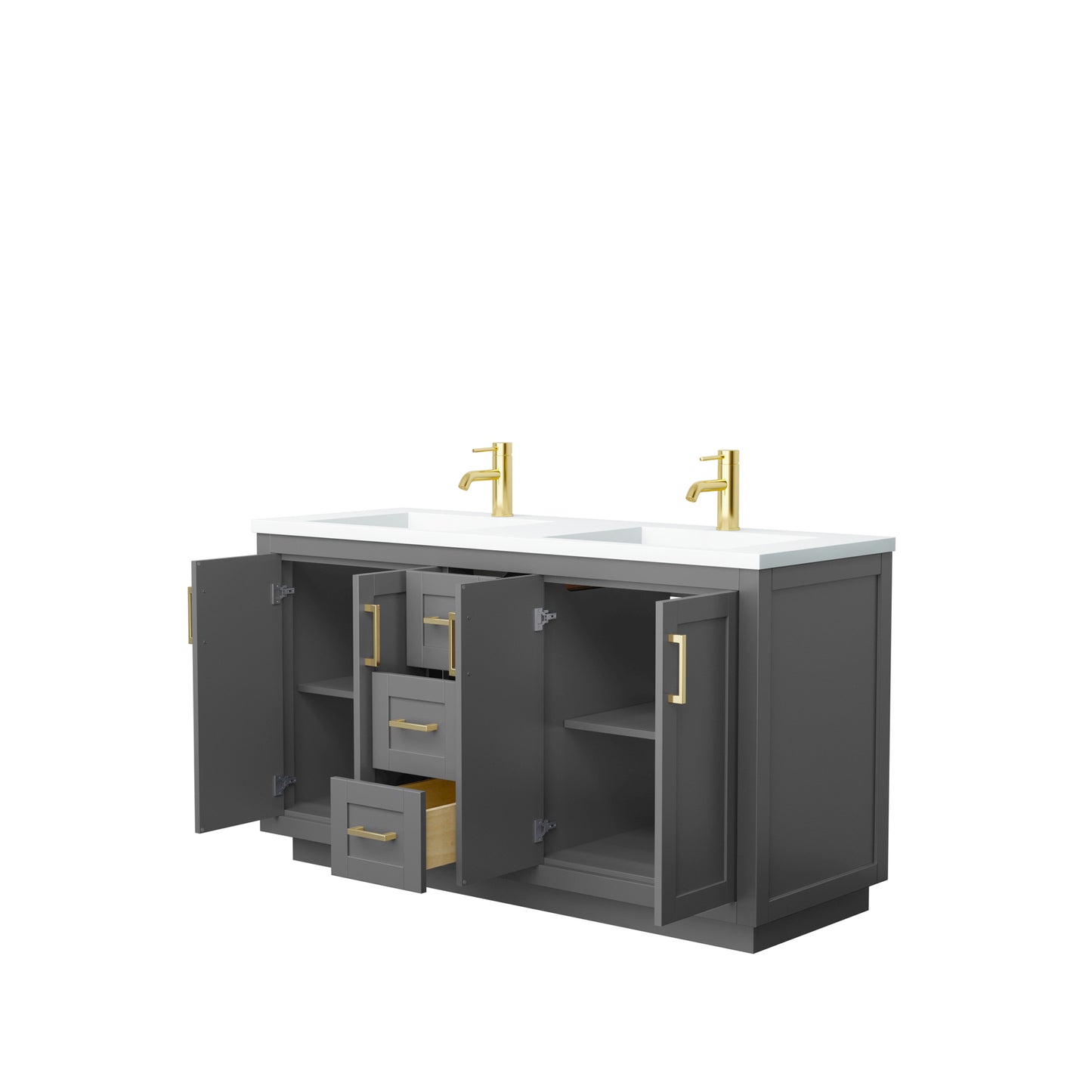 Miranda 60" Dark Gray Double Vanity, 1.25" White Top, Integrated Gold Trim
