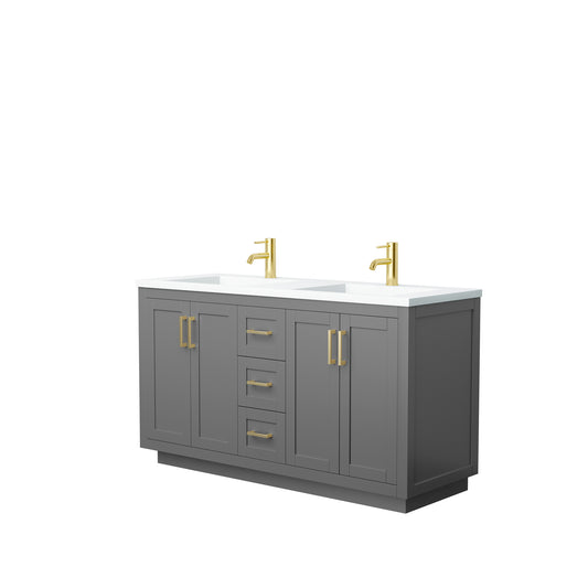 Miranda 60" Dark Gray Double Vanity, 1.25" White Top, Integrated Gold Trim