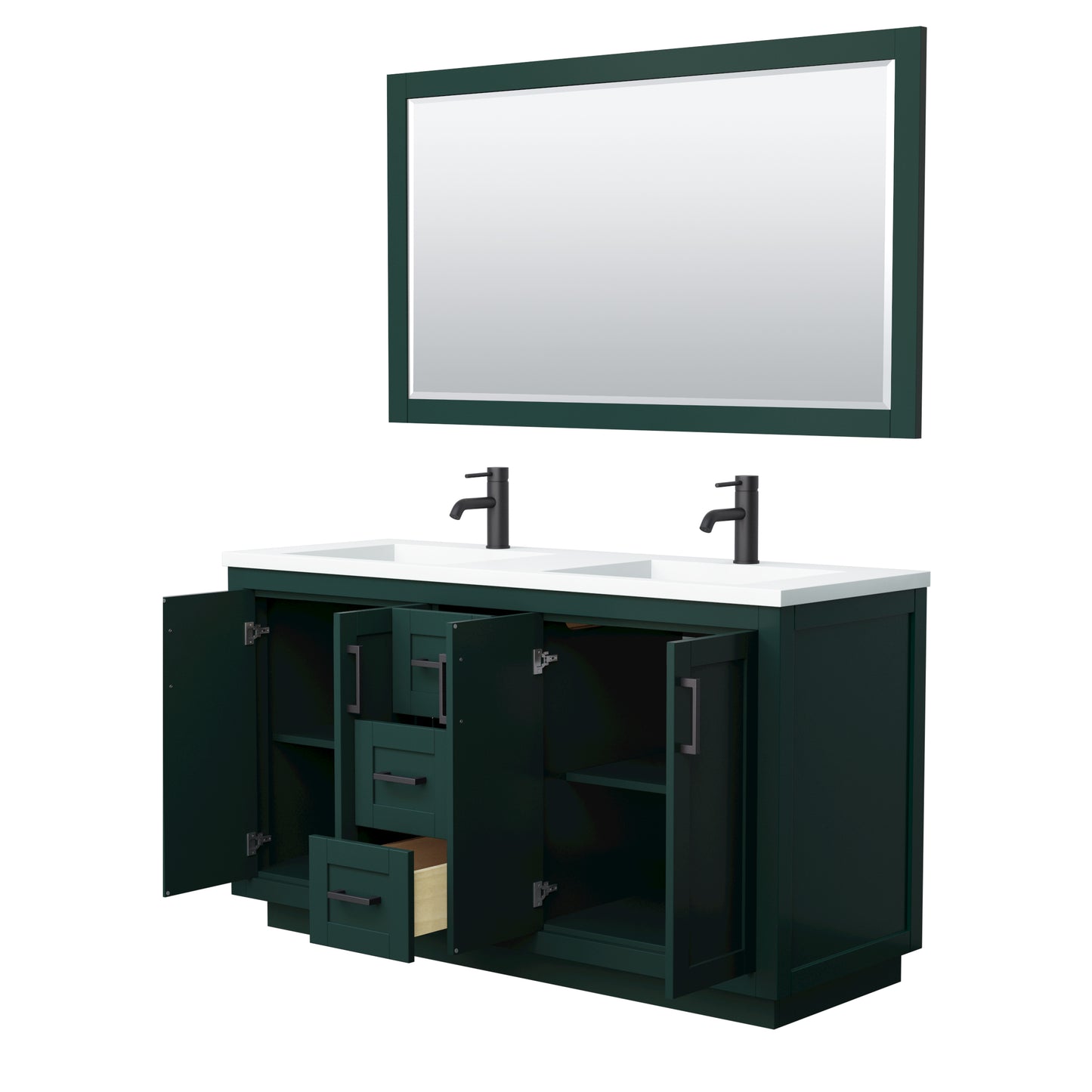 Miranda 60" Double Vanity in Green, 1.25" White Top,  Black Trim, 58" Mirror