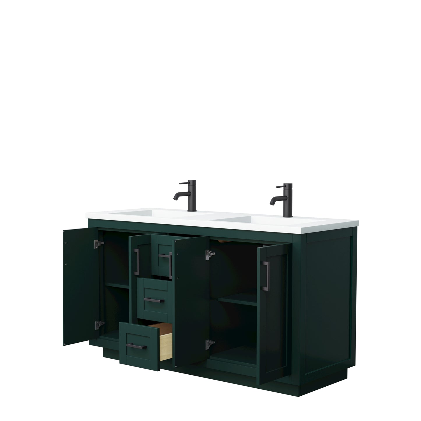 Miranda 60" Double Vanity in Green, 1.25" White Top, Integrated Matte Black Trim