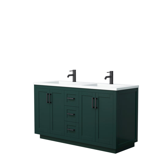 Miranda 60" Double Vanity in Green, 1.25" White Top, Integrated Matte Black Trim