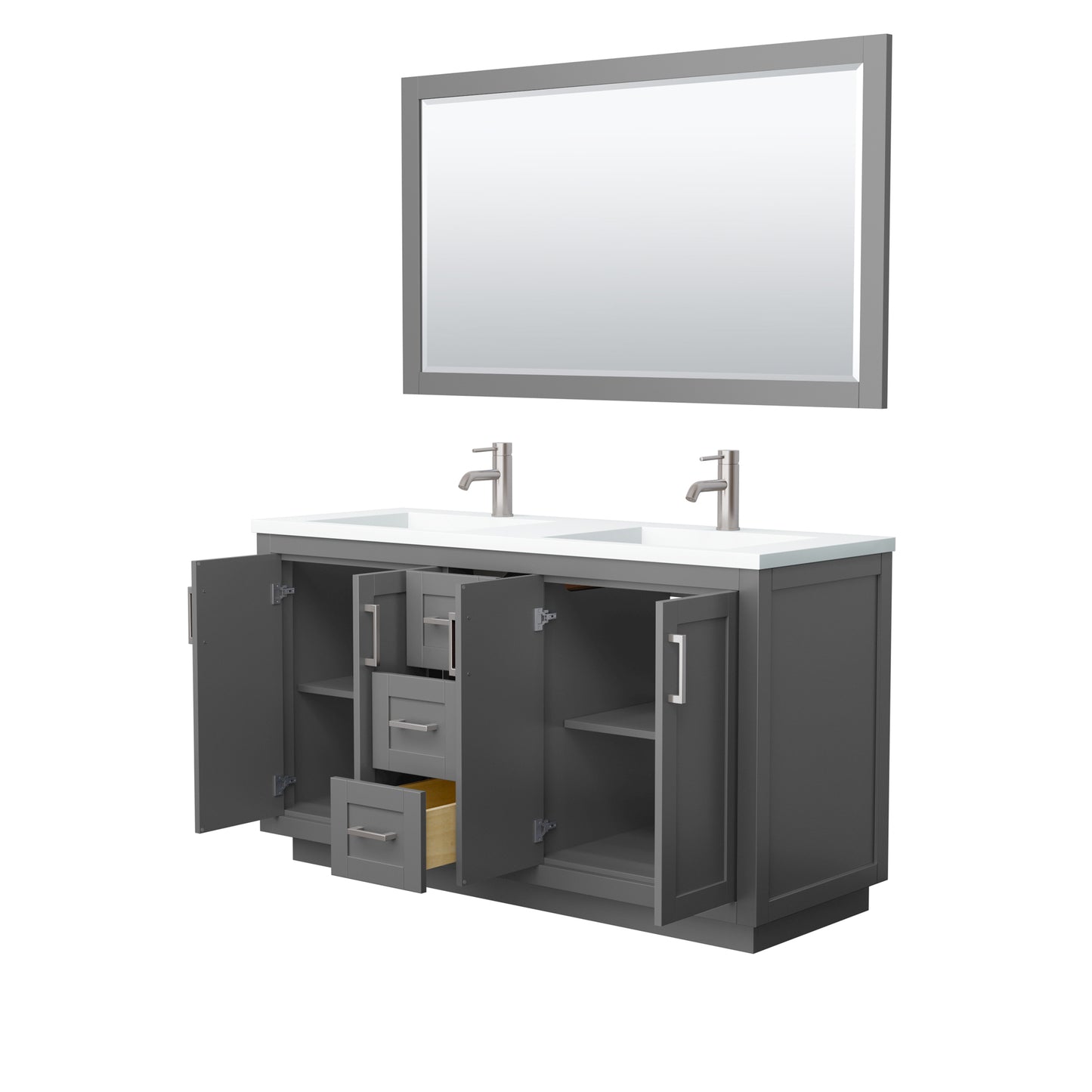 Miranda 60" Dark Gray Double Vanity, 1.25" White Top,  Nickel Trim, 58" Mirror