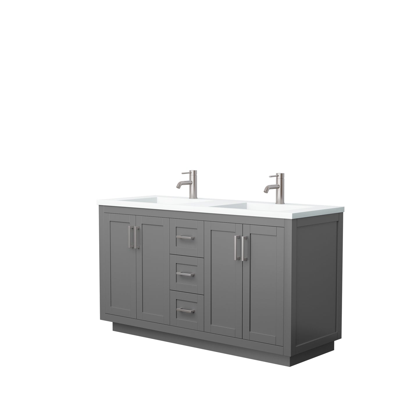 Miranda 60" Double Vanity in Dark Gray, 1.25" White Top, Integrated Nickel Trim
