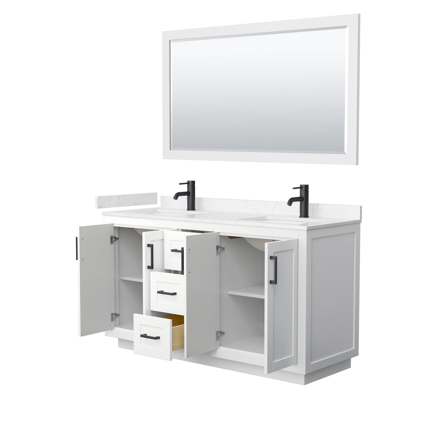 Miranda 60" Double Vanity in White, Carrara Marble Top, Black Trim, 58" Mirror
