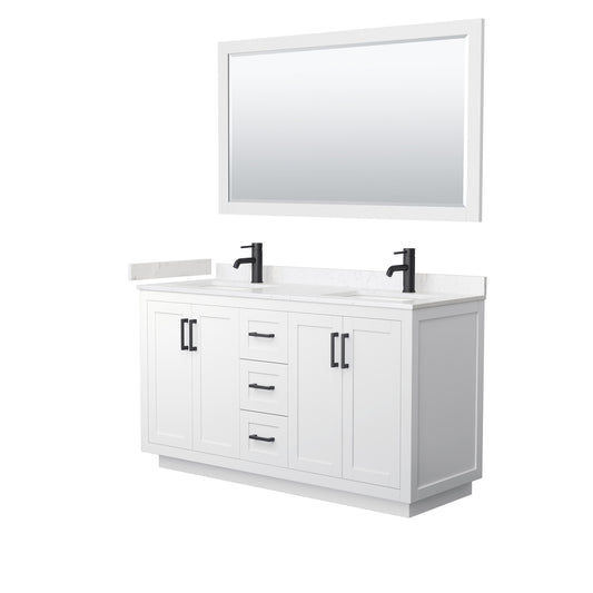 Miranda 60" Double Vanity in White, Carrara Marble Top, Black Trim, 58" Mirror