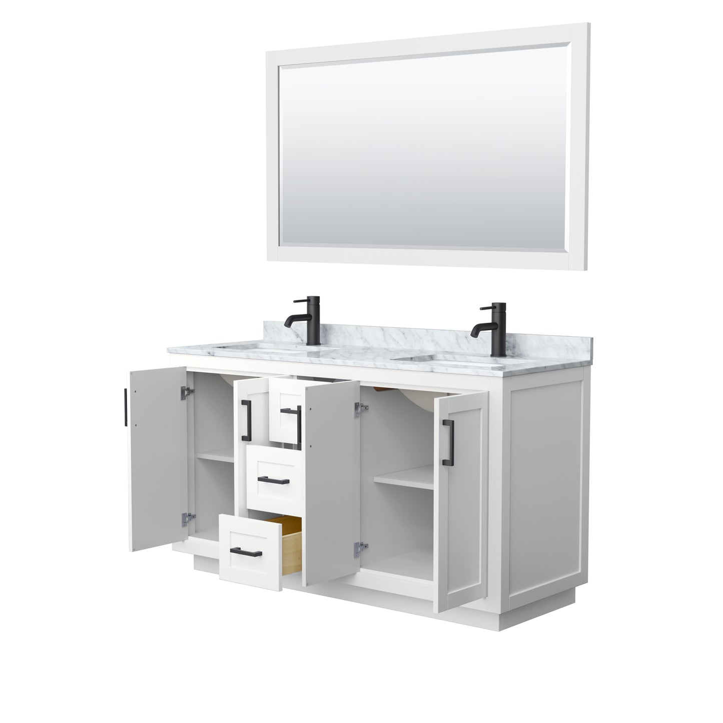Miranda 60" Double Vanity in White, Top, Square Matte Black Trim, 58" Mirror