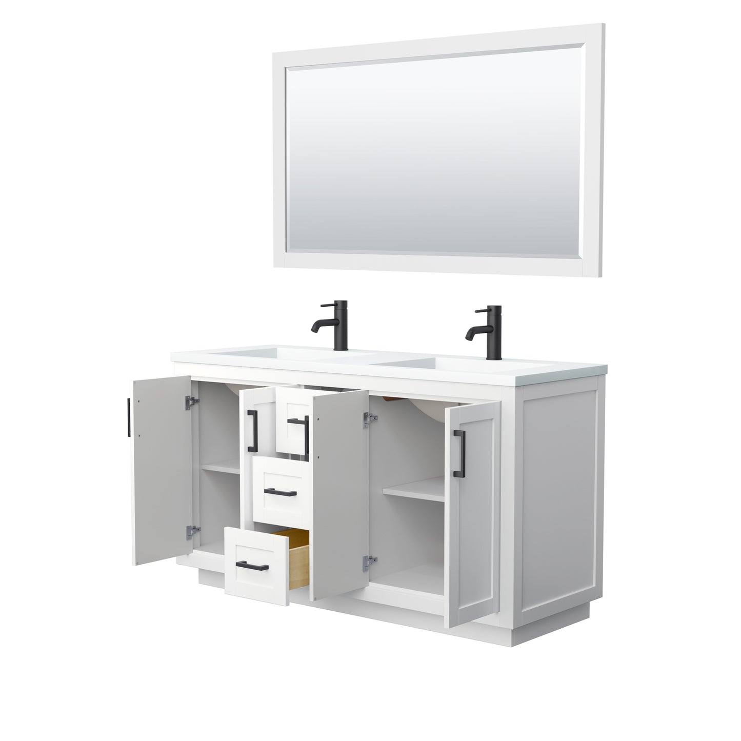 Miranda 60" Double Vanity in White, 1.25" White Top,  Black Trim, 58" Mirror