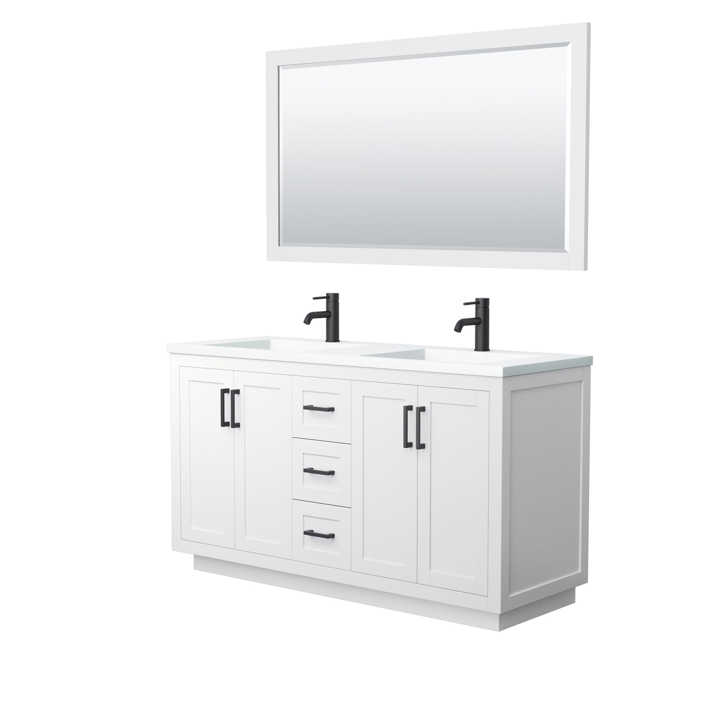 Miranda 60" Double Vanity in White, 1.25" White Top,  Black Trim, 58" Mirror
