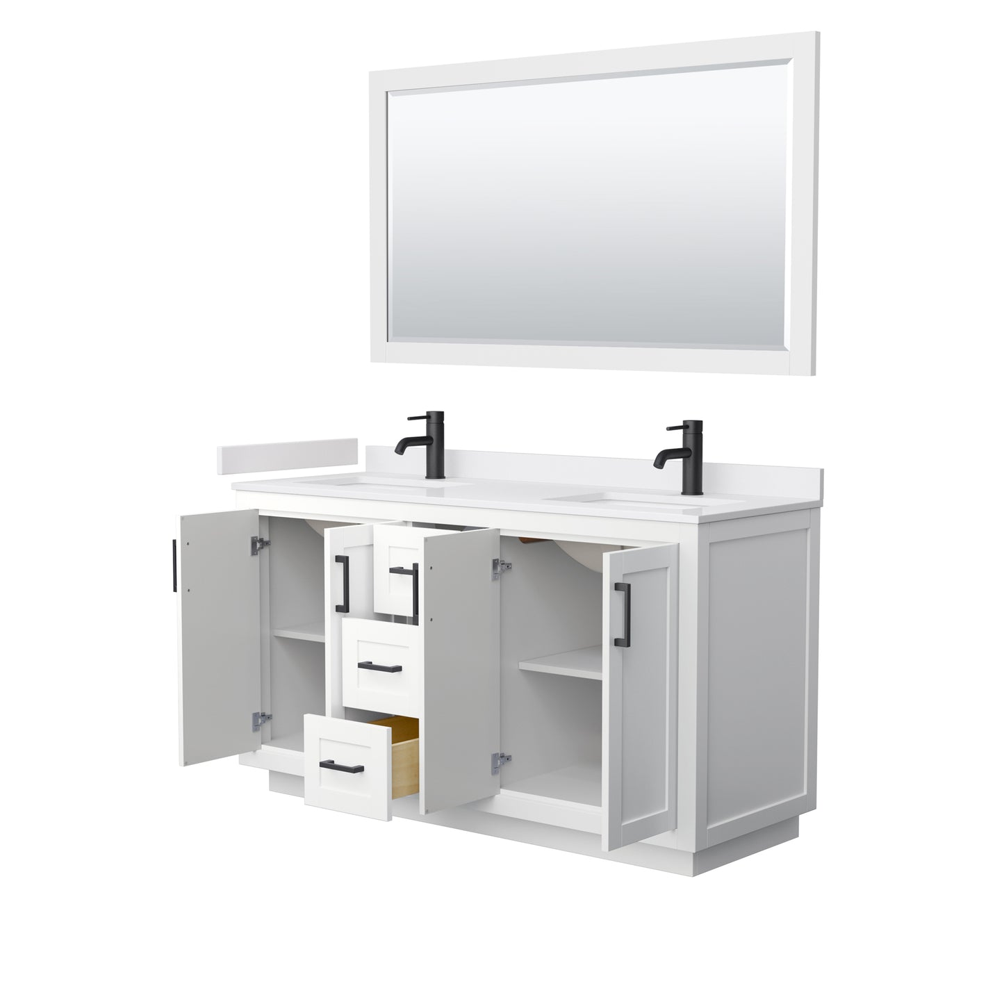 Miranda 60" Double Vanity in White, White Marble Top, Black Trim, 58" Mirror