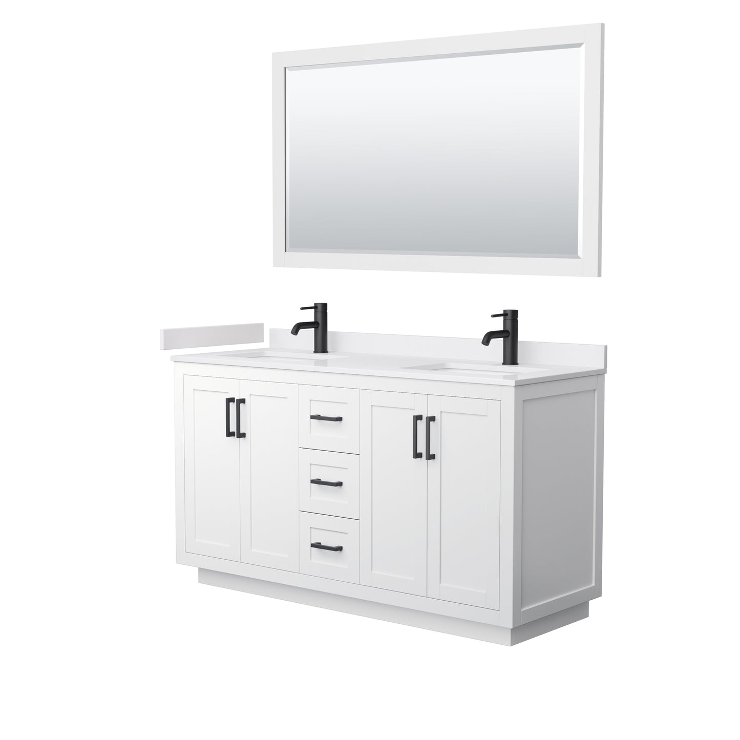 Miranda 60" Double Vanity in White, White Marble Top, Black Trim, 58" Mirror