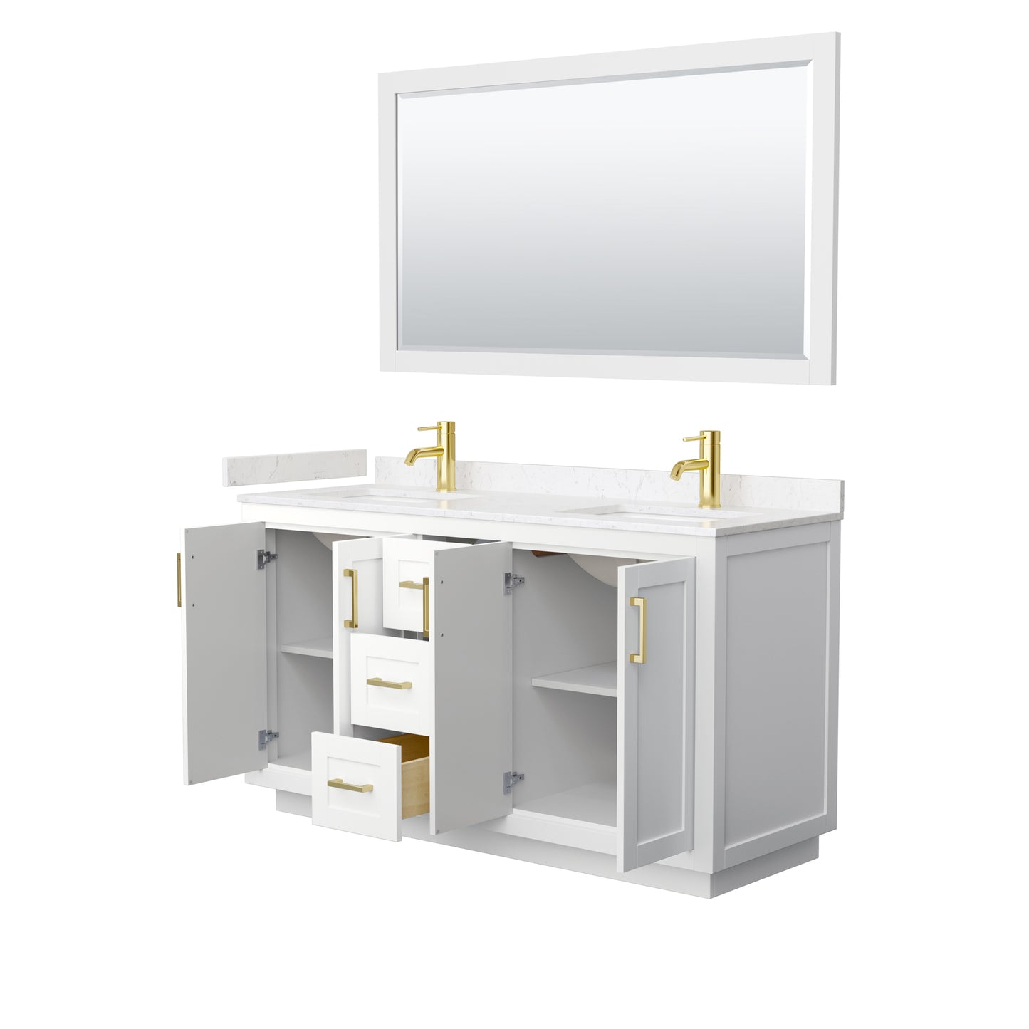 Miranda 60" Double Vanity in White, Carrara Marble Top, Gold Trim, 58" Mirror