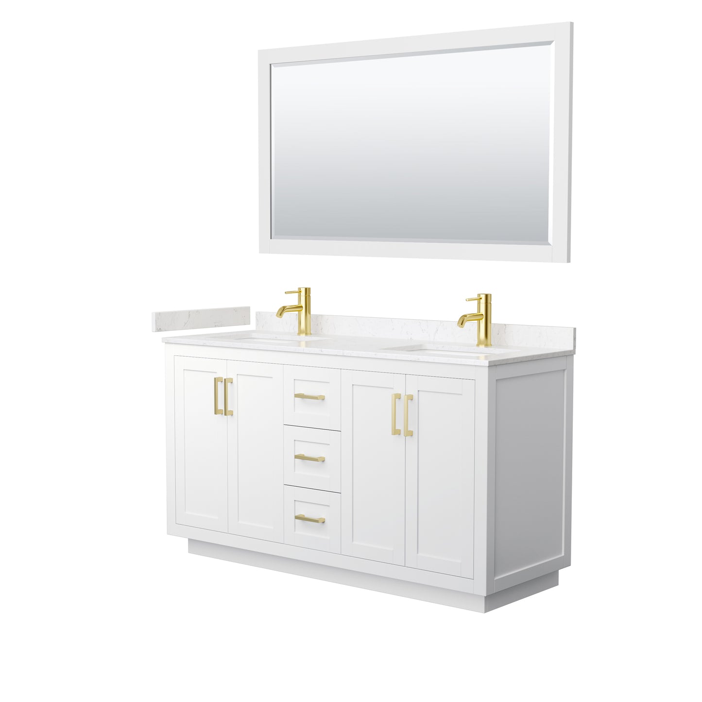 Miranda 60" Double Vanity in White, Carrara Marble Top, Gold Trim, 58" Mirror