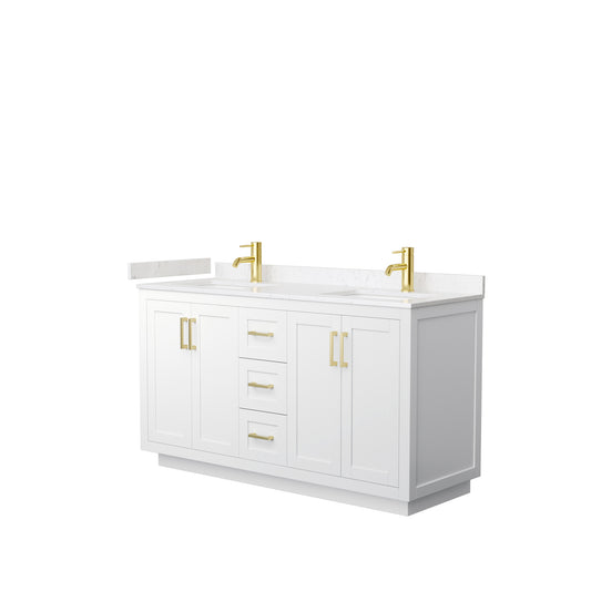 Miranda 60" Double Vanity in White, Carrara Cultured Marble Top, Gold Trim