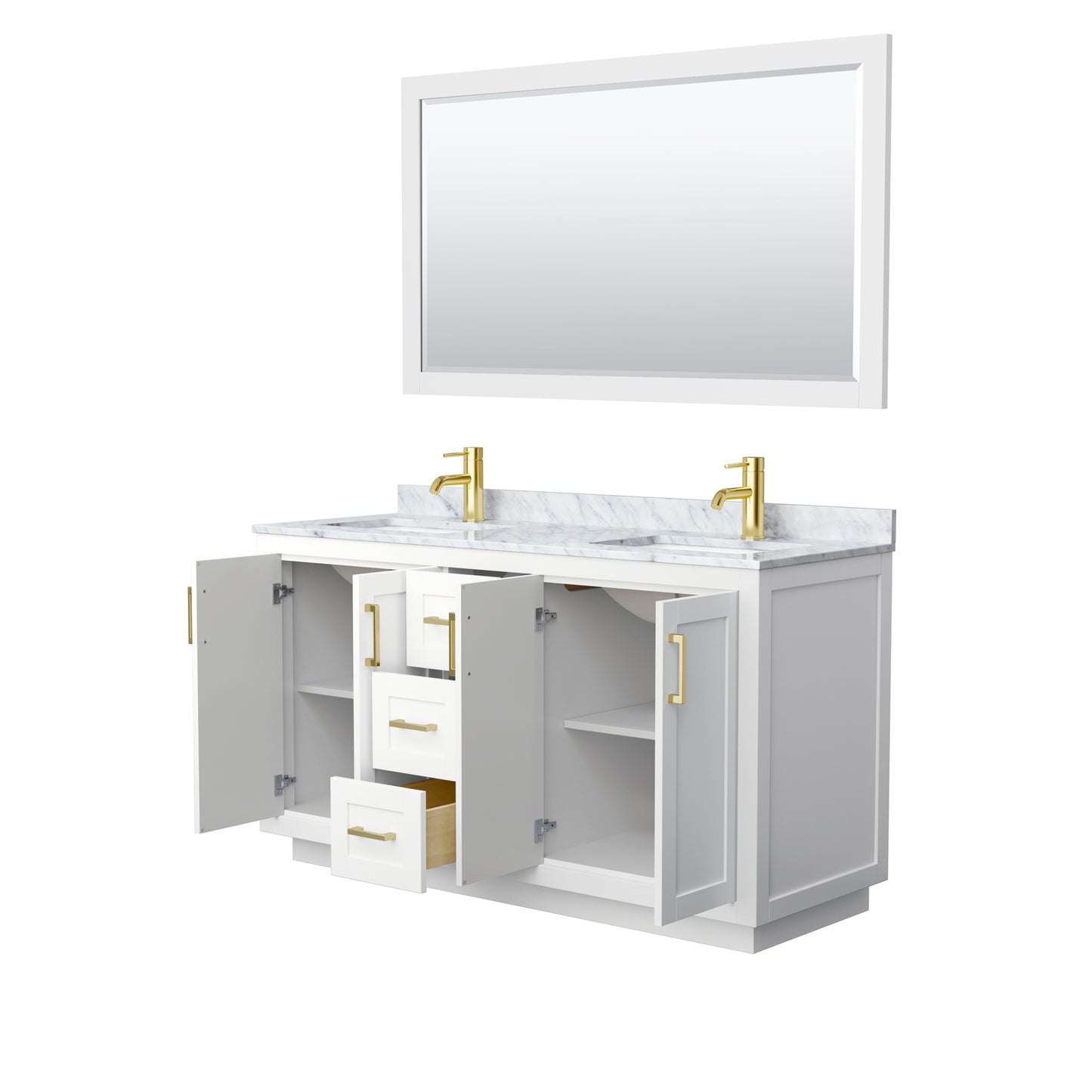 Miranda 60" Double Vanity in White, Top, Square Brushed Gold Trim, 58" Mirror