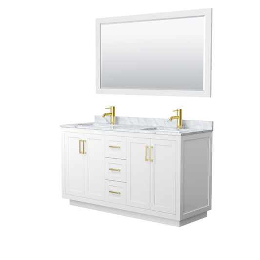 Miranda 60" Double Vanity in White, Top, Square Brushed Gold Trim, 58" Mirror