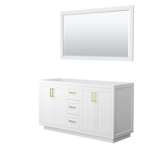Miranda 60" Double Vanity in White, No Top, Bruished Gold Trim, 58" Mirror