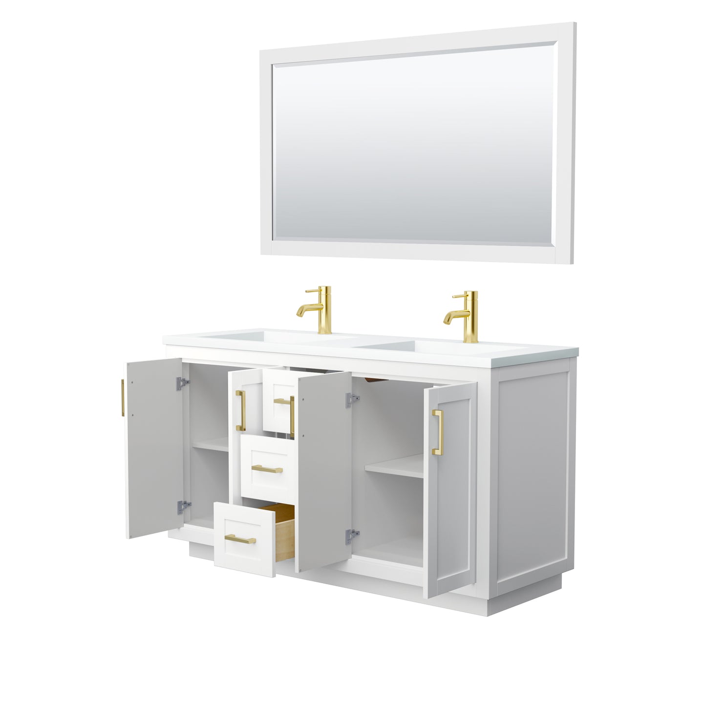Miranda 60" Double Vanity in White, 1.25" White Top,  Gold Trim, 58" Mirror