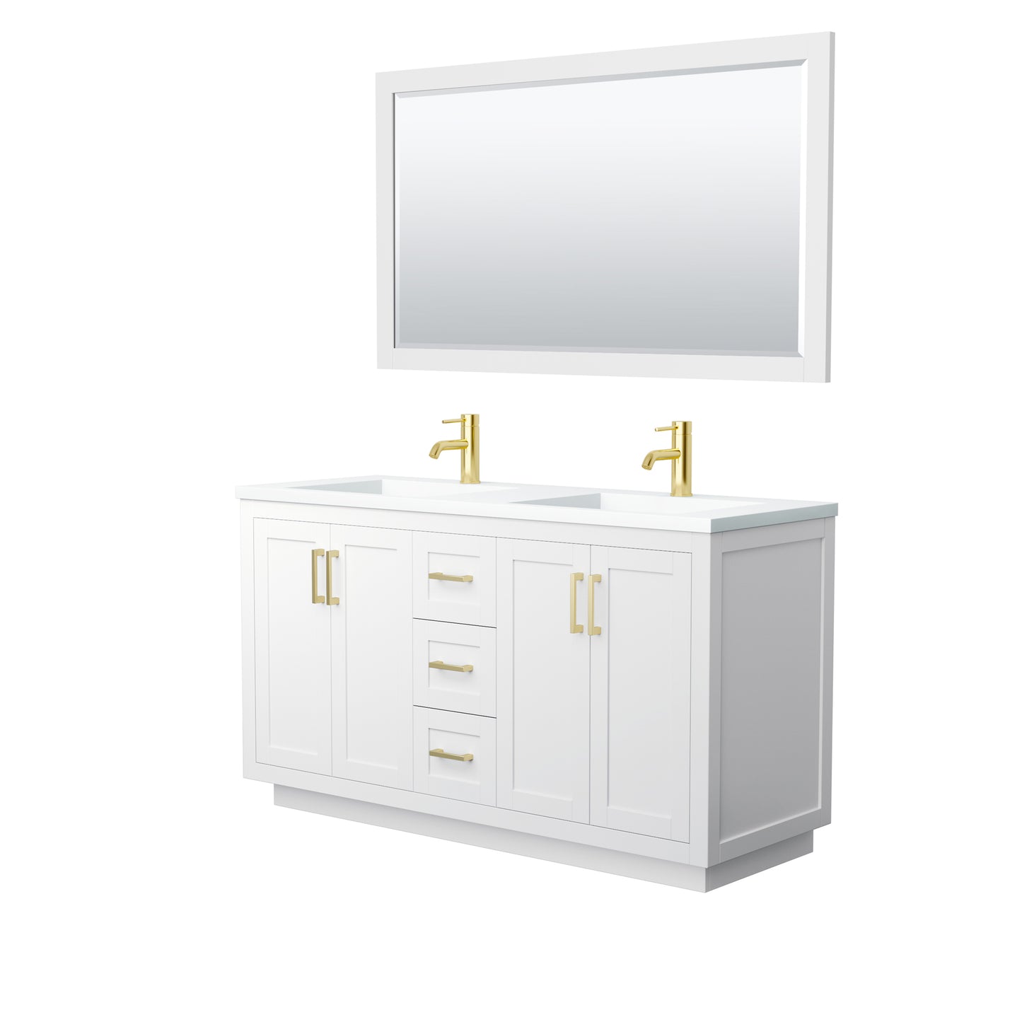 Miranda 60" Double Vanity in White, 1.25" White Top,  Gold Trim, 58" Mirror