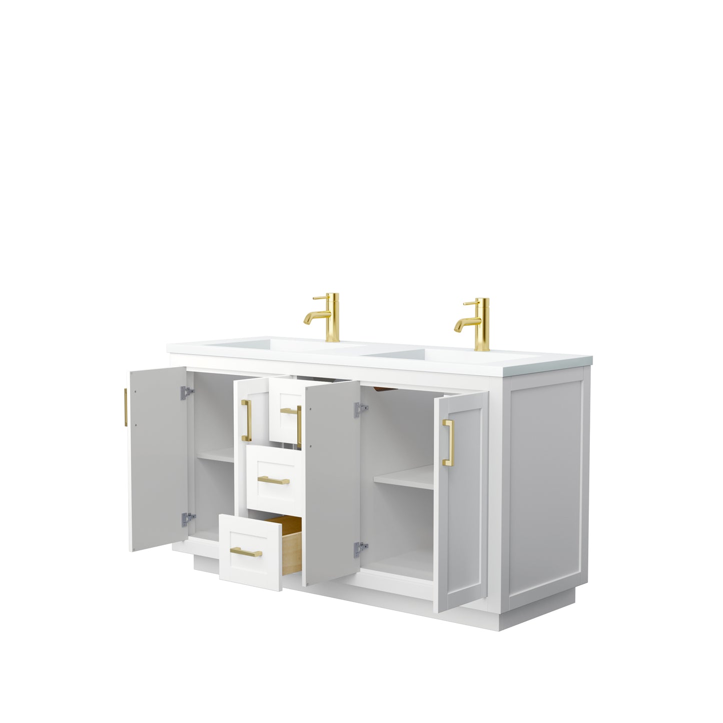 Miranda 60" Double Vanity in White, 1.25" White Top, Integrated Gold Trim