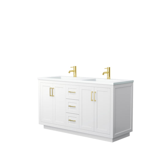 Miranda 60" Double Vanity in White, 1.25" White Top, Integrated Gold Trim