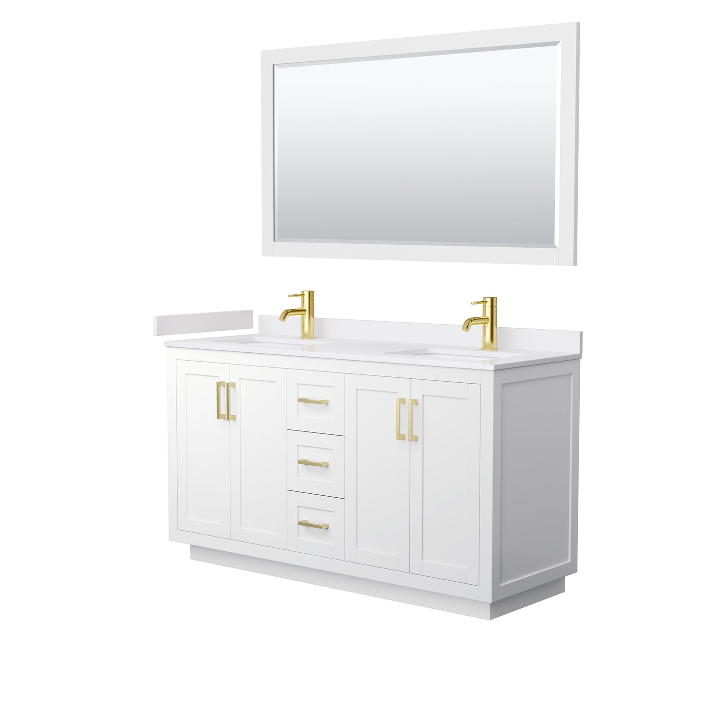 Miranda 60" Double Vanity in White, White Marble Top, Gold Trim, 58" Mirror