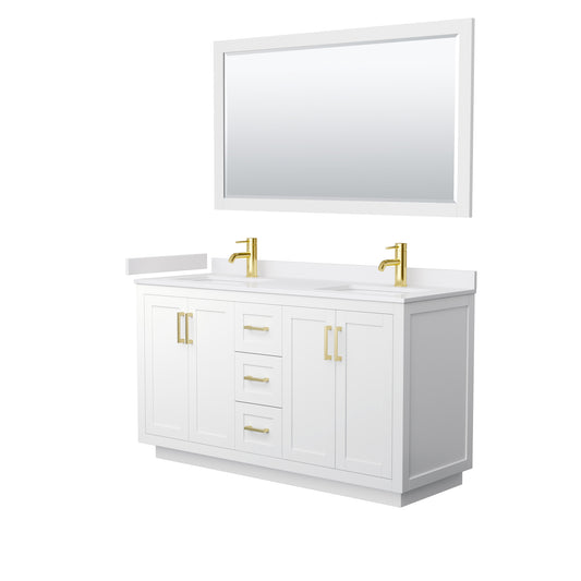 Miranda 60" Double Vanity in White, White Marble Top, Gold Trim, 58" Mirror