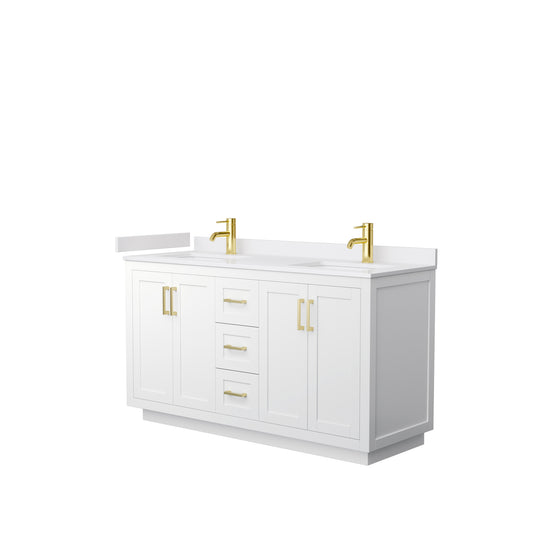 Miranda 60" Double Vanity in White, White Cultured Marble Top, Gold Trim