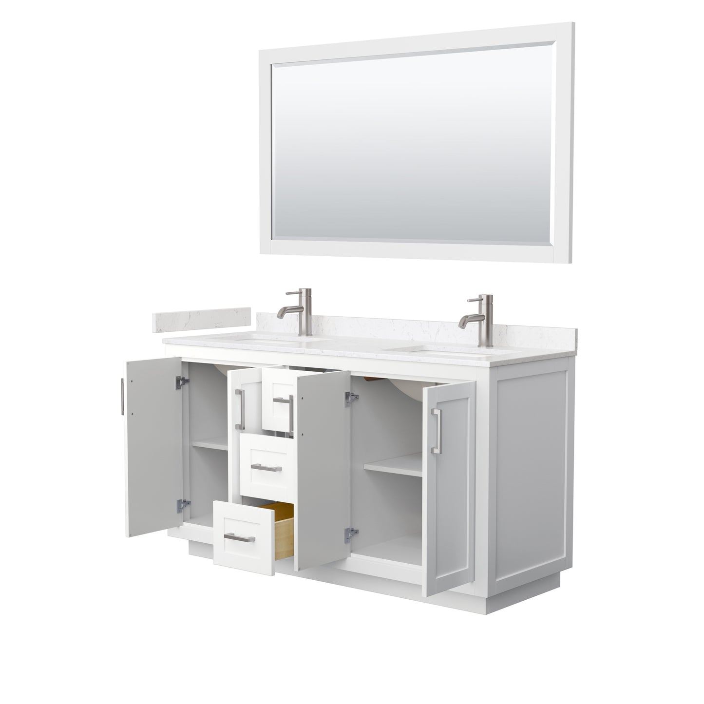 Miranda 60" Double Vanity in White, Carrara Marble Top, Nickel Trim, 58" Mirror