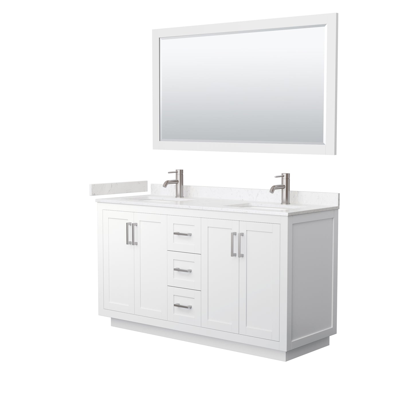 Miranda 60" Double Vanity in White, Carrara Marble Top, Nickel Trim, 58" Mirror
