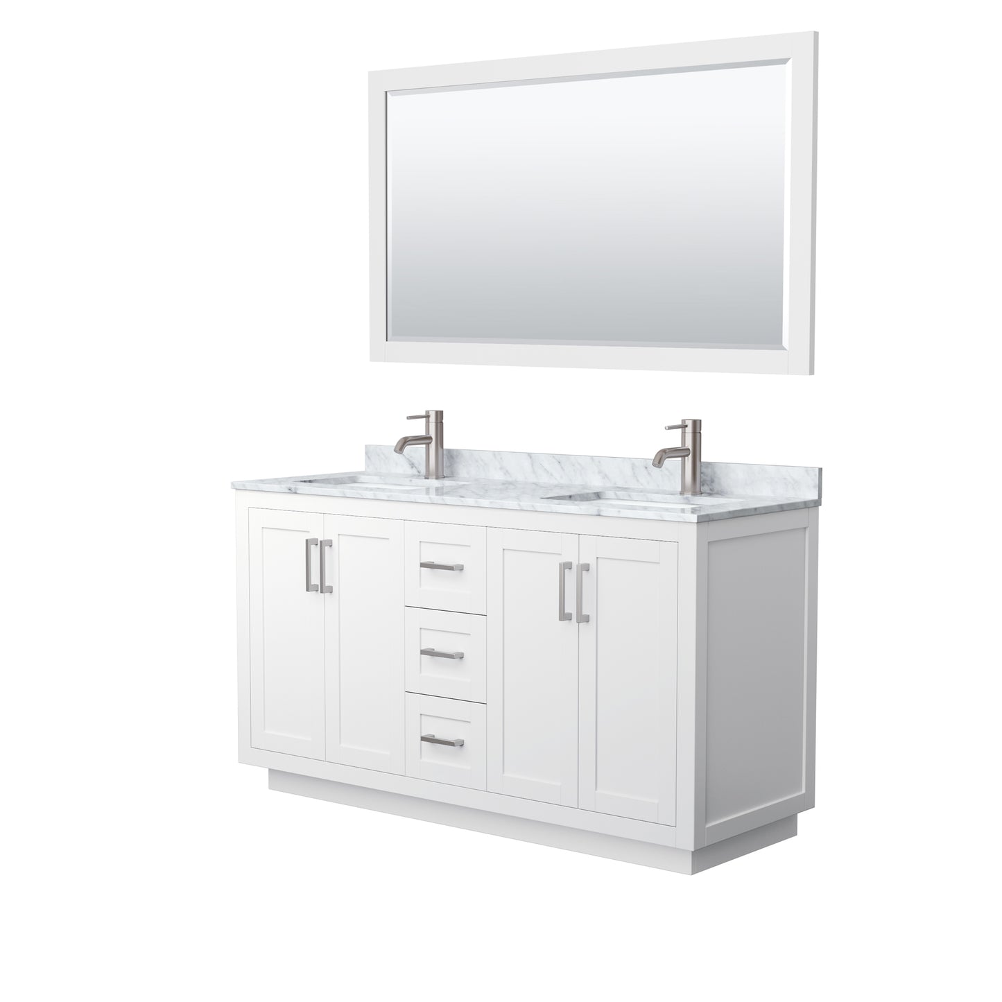 Miranda 60" Double Vanity in White, Top, Square Brushed Nickel Trim, 58" Mirror