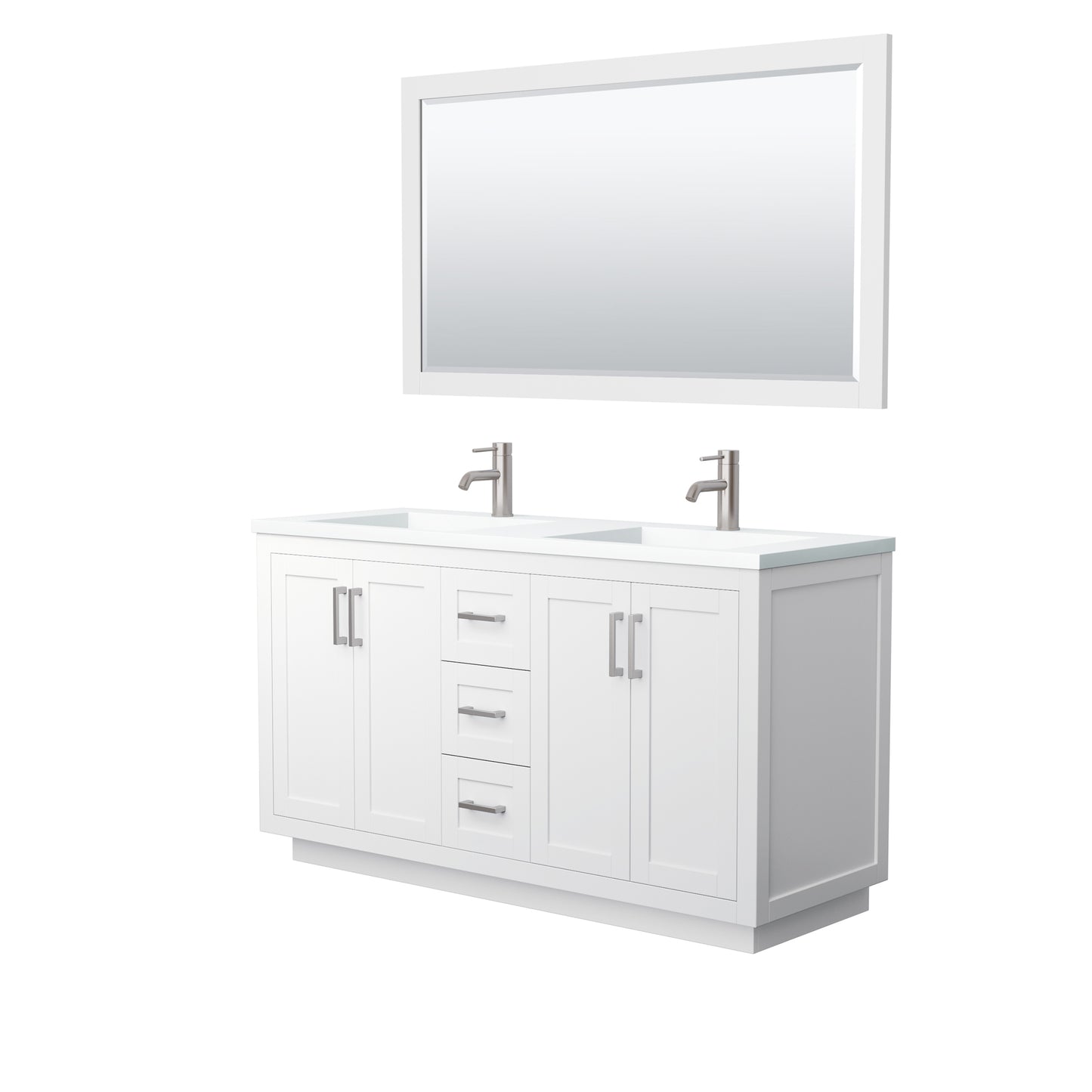 Miranda 60" Double Vanity in White, 1.25" White Top,  Nickel Trim, 58" Mirror