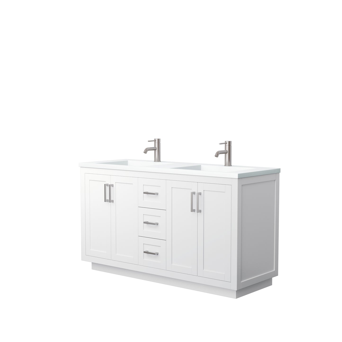 Miranda 60" Double Vanity in White, 1.25" White Top, Integrated Nickel Trim