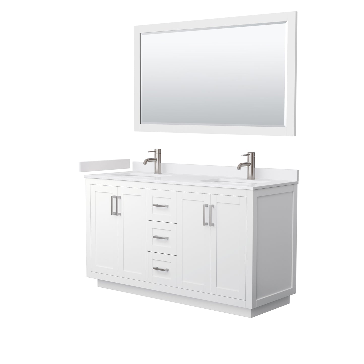 Miranda 60" Double Vanity in White, White Marble Top, Nickel Trim, 58" Mirror