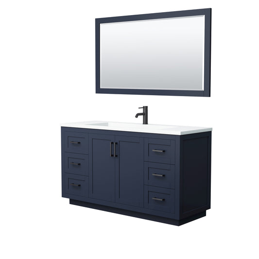 Miranda 60" Dark Blue Single Vanity, 1.25" White Top,  Black Trim, 58" Mirror