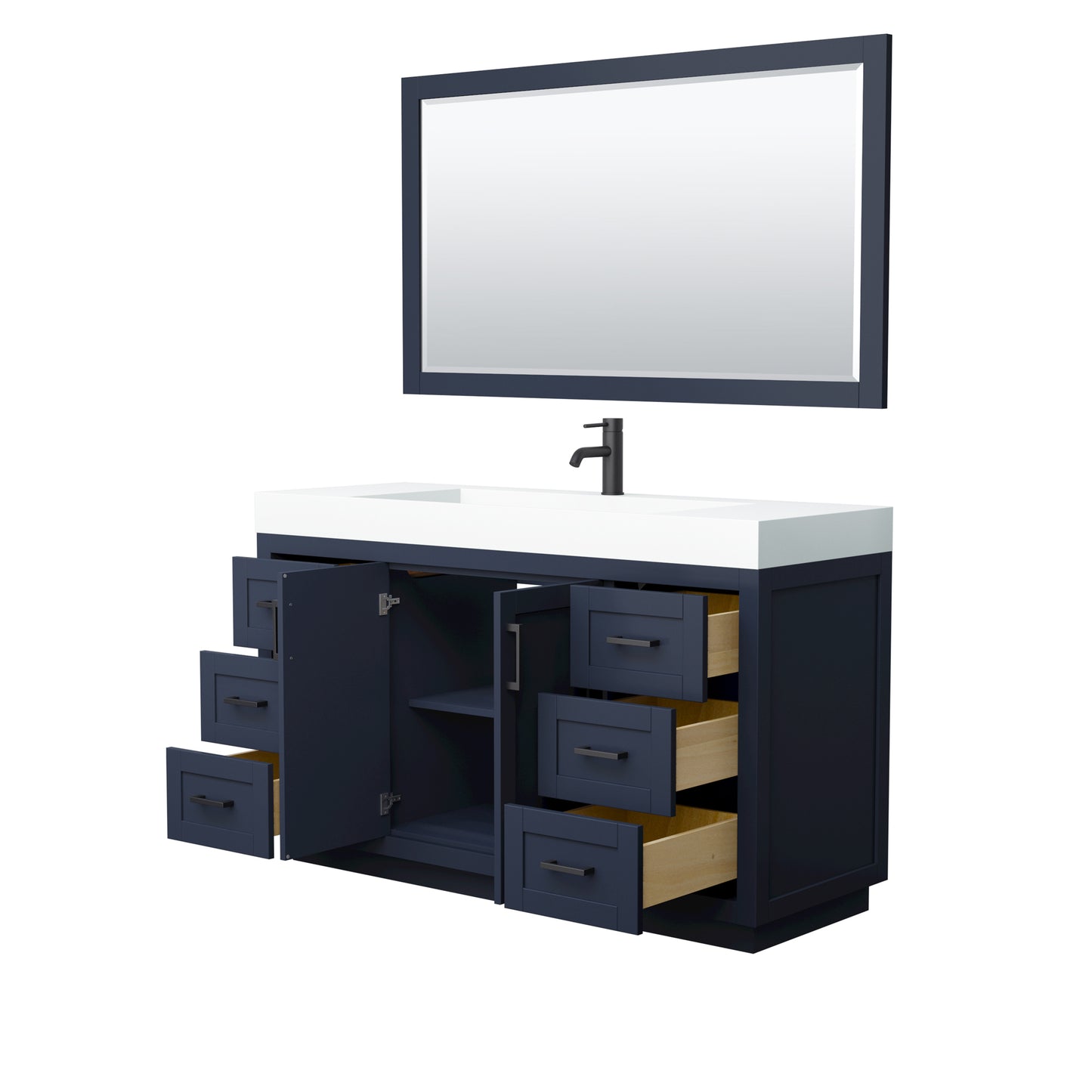 Miranda 60" Dark Blue Single Vanity, 4" White Top,  Black Trim, 58" Mirror
