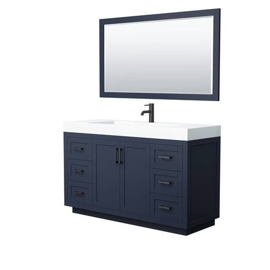 Miranda 60" Dark Blue Single Vanity, 4" White Top,  Black Trim, 58" Mirror