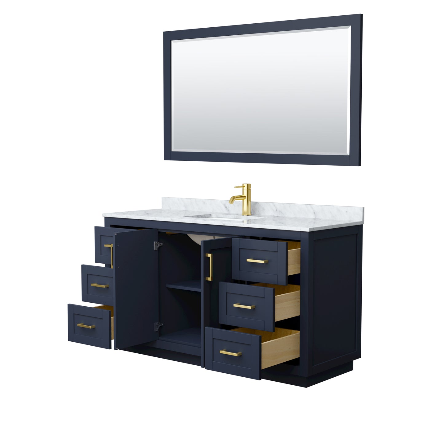 Miranda 60" Single Vanity in Dark Blue, Top, Gold Trim, 58" Mirror