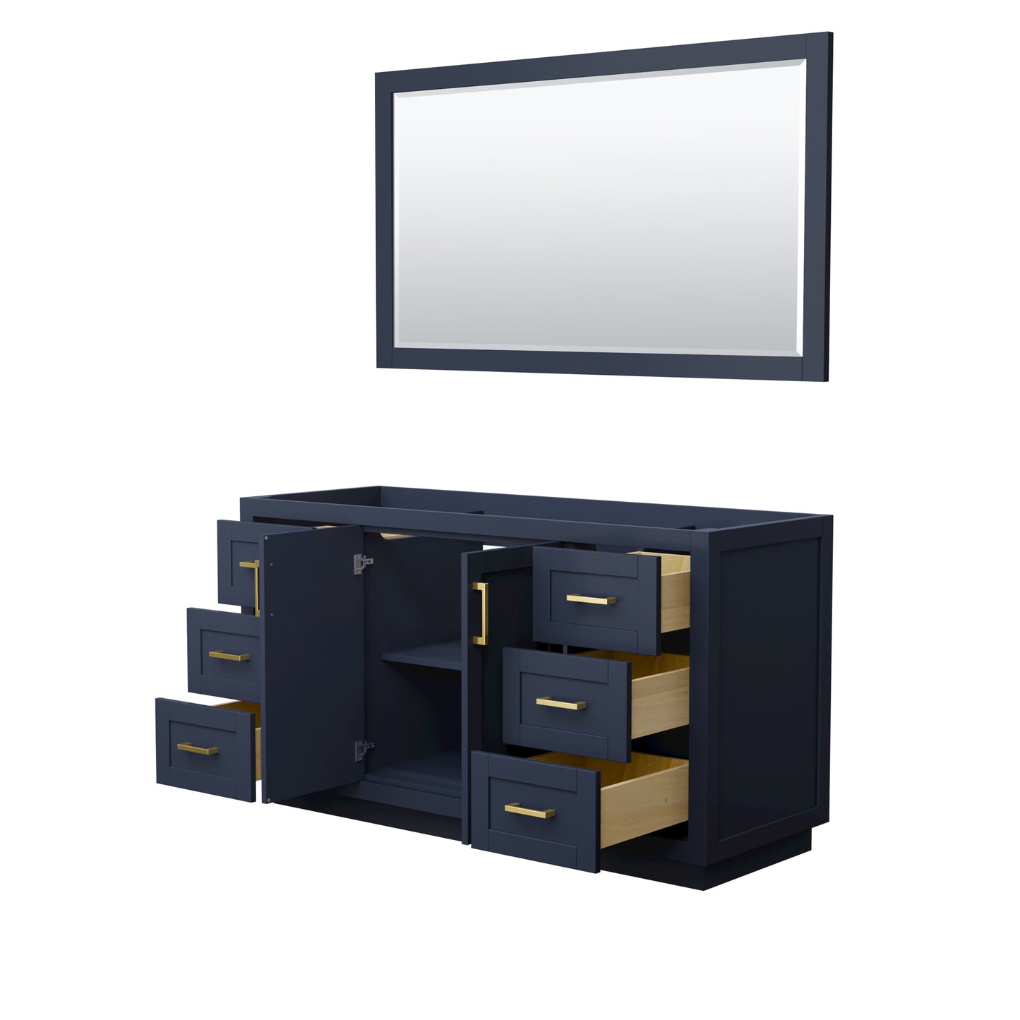 Miranda 60" Single Vanity in Dark Blue, No Top, Bruished Gold Trim, 58" Mirror