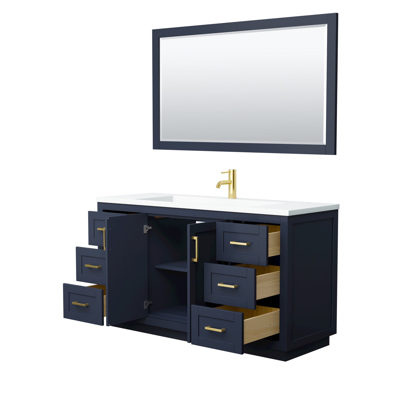 Miranda 60" Dark Blue Single Vanity, 1.25" White Top,  Gold Trim, 58" Mirror
