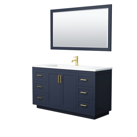 Miranda 60" Dark Blue Single Vanity, 1.25" White Top,  Gold Trim, 58" Mirror